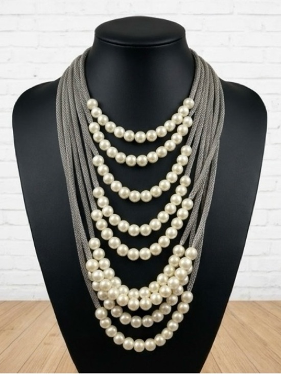 Vintage Jewelry - Vintage Ivory Pearl Multi-Strand Necklace with silver tone Cords - Women Jewelry